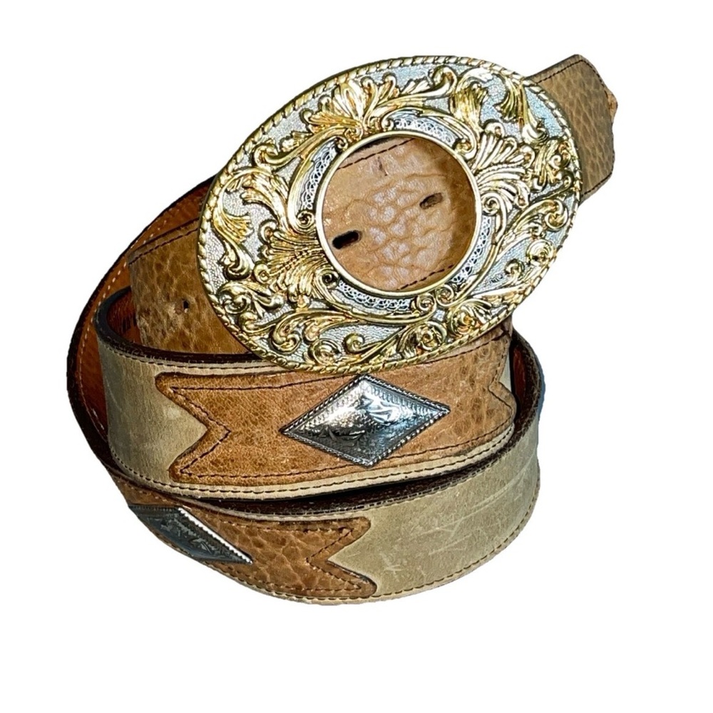 BELT BUCKLE AWARDS DESIGN MEDALS W/ Nacona 34 Leather GP/SP Gold & Silver Plate